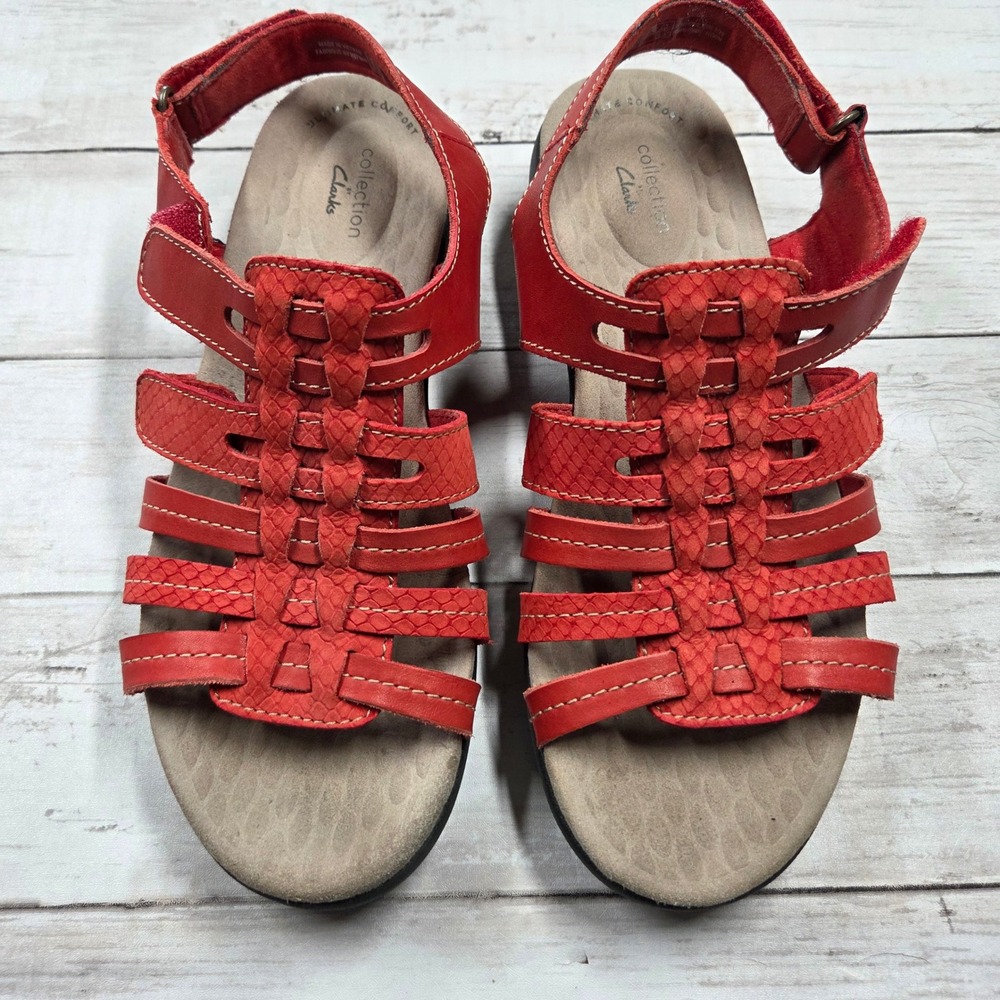 Clarks Sandals Women 8.5M Red‎ Collection Strappy Gladiator Wedge Cushion Feel